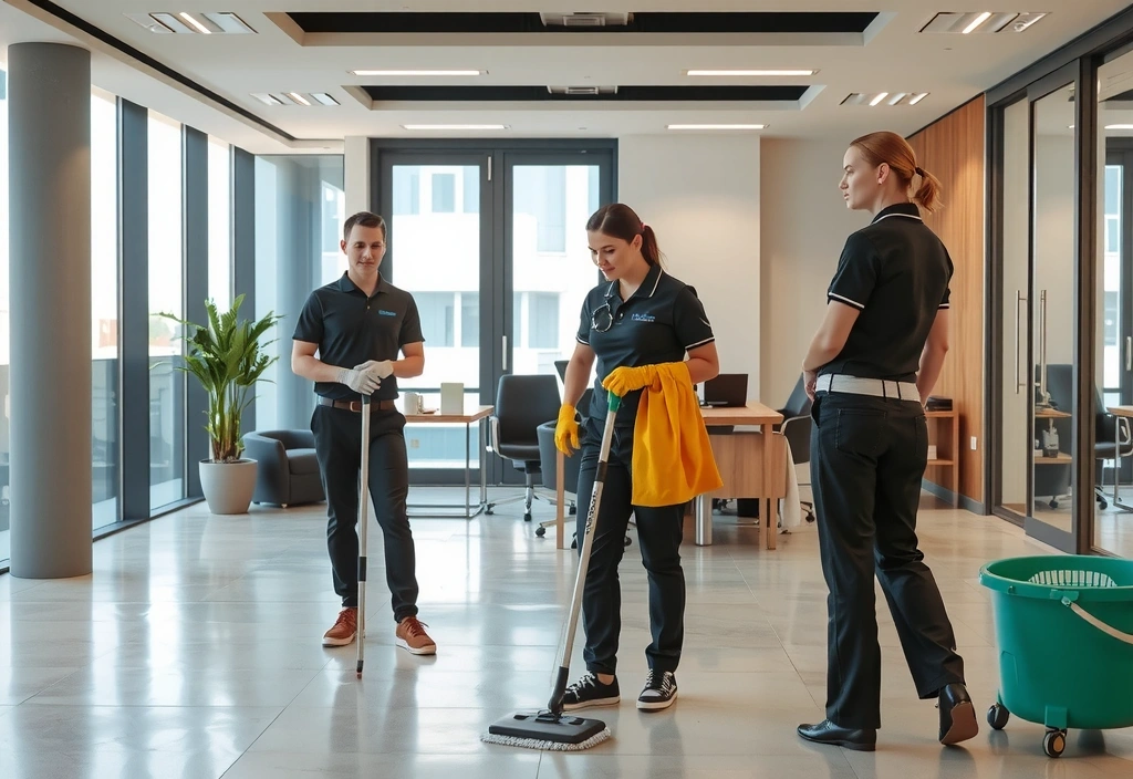 Professional cleaning team in action at a modern office building