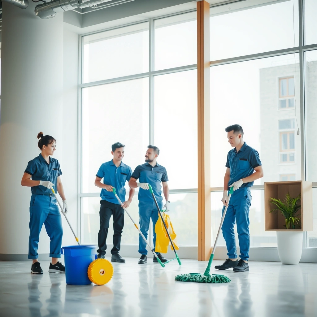 Professional cleaning team working in modern office environment